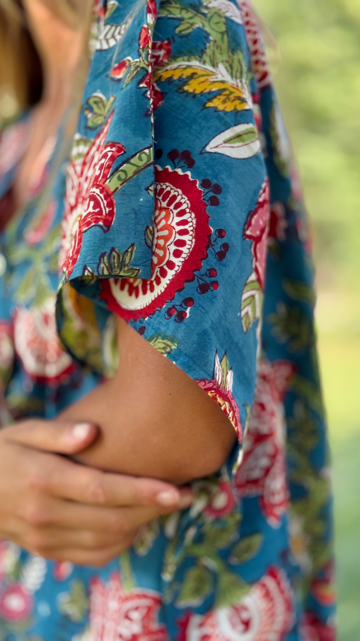 Caftano in Cotone Indiano Azzurro Rosa e Verde – Stampa Block Print Floreale Artigianale