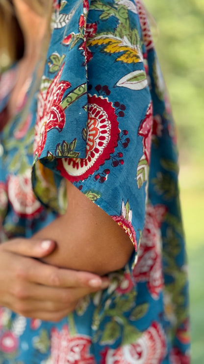 Caftano in Cotone Indiano Azzurro Rosa e Verde – Stampa Block Print Floreale Artigianale