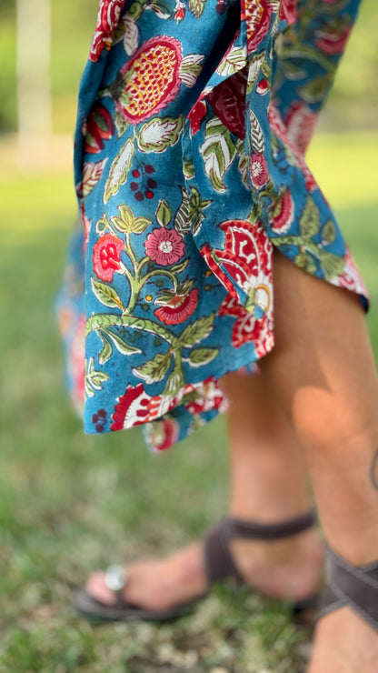 Caftano in Cotone Indiano Azzurro Rosa e Verde – Stampa Block Print Floreale Artigianale