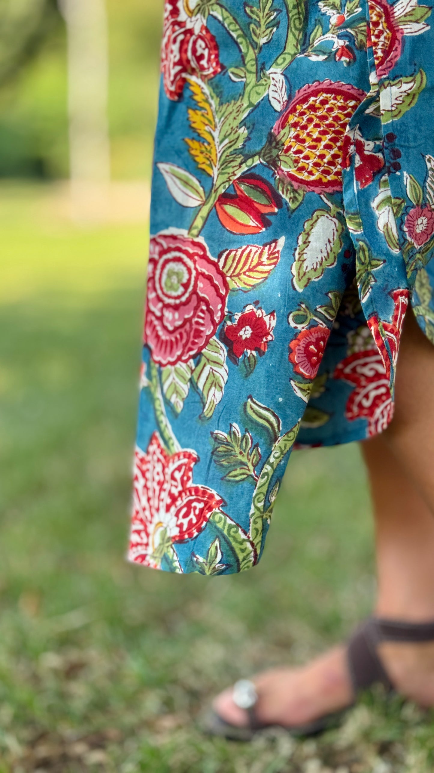 Caftano in Cotone Indiano Azzurro Rosa e Verde – Stampa Block Print Floreale Artigianale