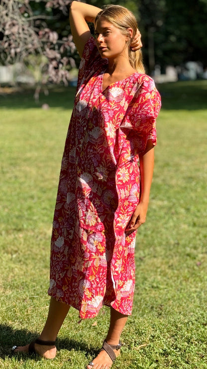 Caftano in Cotone Indiano Rosso Rosa Bianco e Arancio – Stampa Block Print Floreale Artigianale