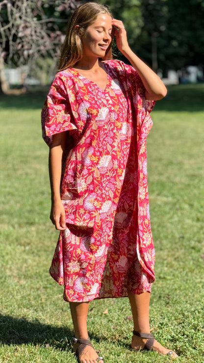 Caftano in Cotone Indiano Rosso Rosa Bianco e Arancio – Stampa Block Print Floreale Artigianale