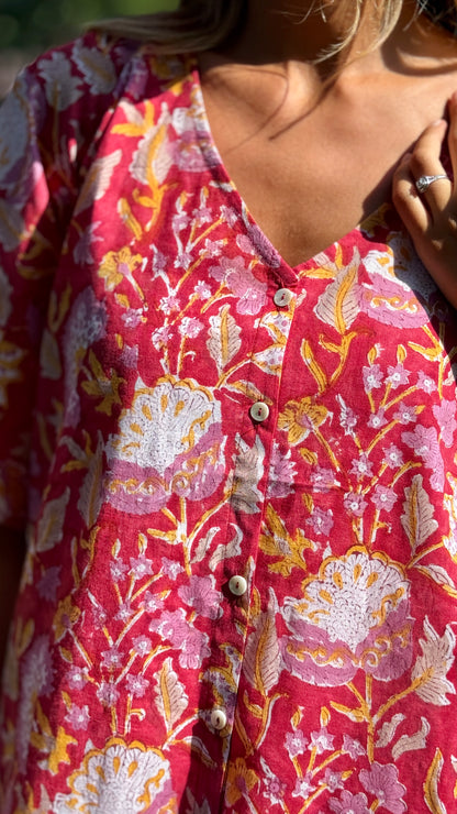 Caftano in Cotone Indiano Rosso Rosa Bianco e Arancio – Stampa Block Print Floreale Artigianale