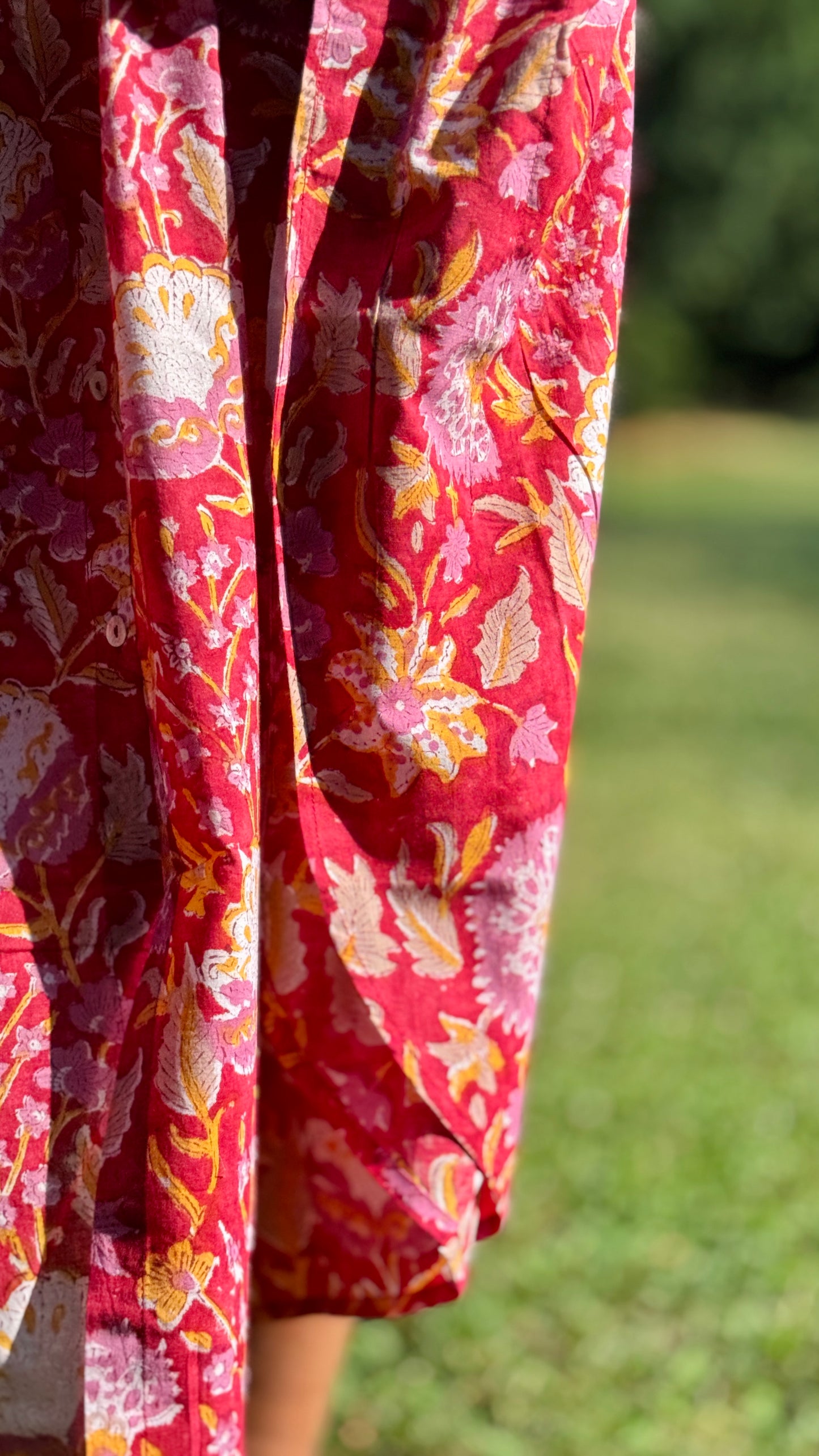 Caftano in Cotone Indiano Rosso Rosa Bianco e Arancio – Stampa Block Print Floreale Artigianale