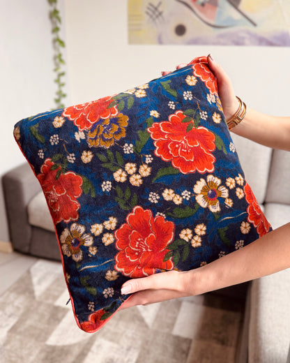 Set of 2 reversible velvet cushion covers 40x40cm (16x16 inches): dark navy blue with red floral screen print and solid orange rust back with contrasting rust piping.