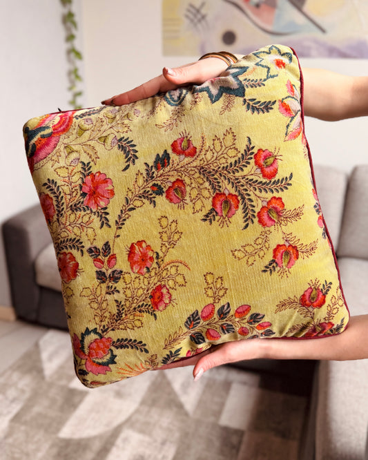 Set of 2 reversible velvet cushion covers 40x40cm (16x16 inches): chartreuse yellow lime botanical screen print front and solid cobalt blue back with burgundy piping.
