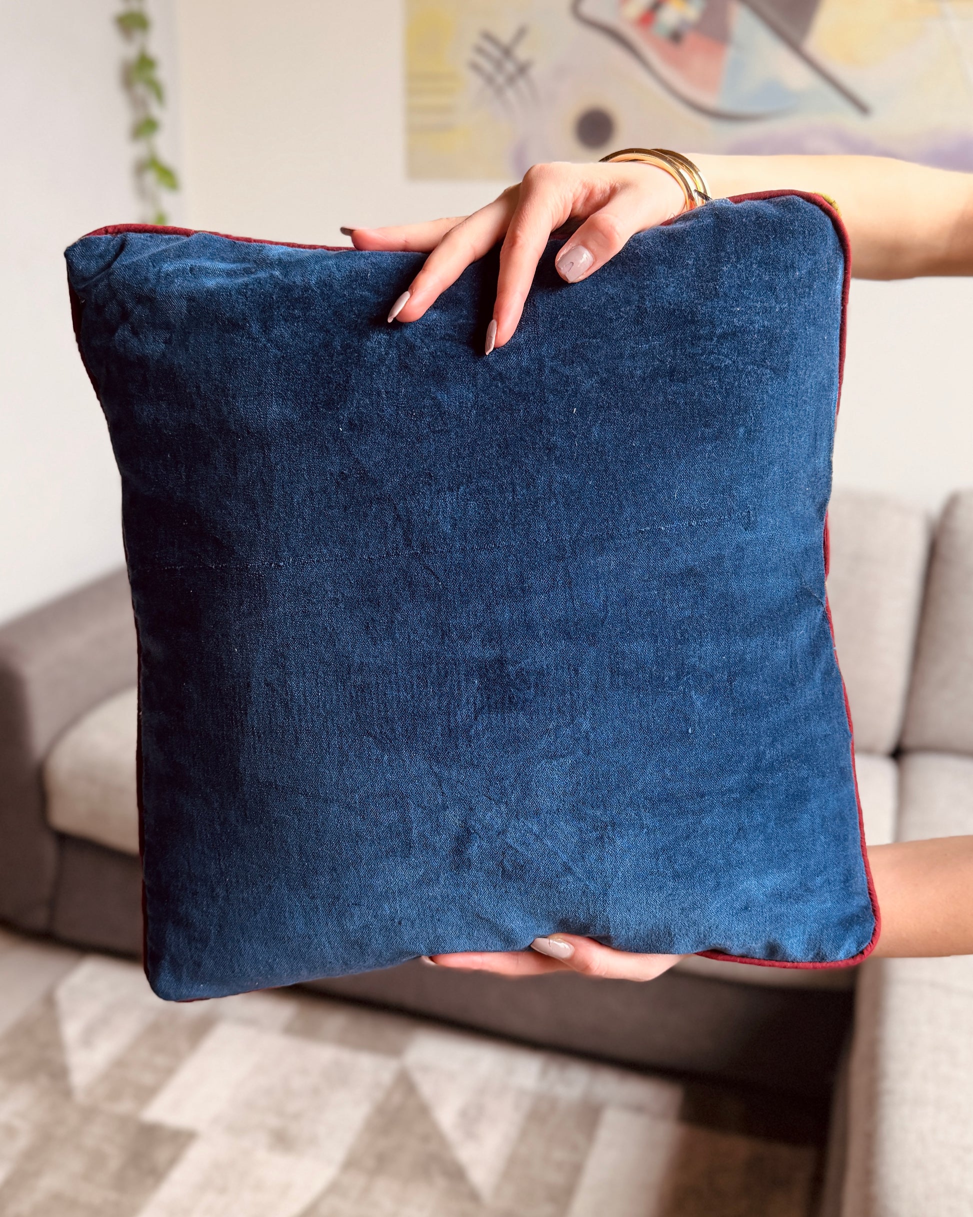 Set of 2 reversible velvet cushion covers 40x40cm (16x16 inches): chartreuse yellow lime botanical screen print front and solid cobalt blue back with burgundy piping.