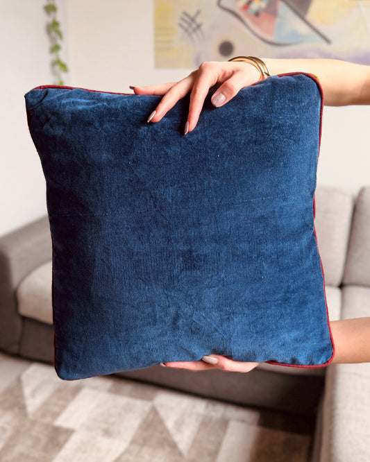 Set of 2 reversible velvet cushion covers 40x40cm (16x16 inches): chartreuse yellow lime botanical screen print front and solid cobalt blue back with burgundy piping.