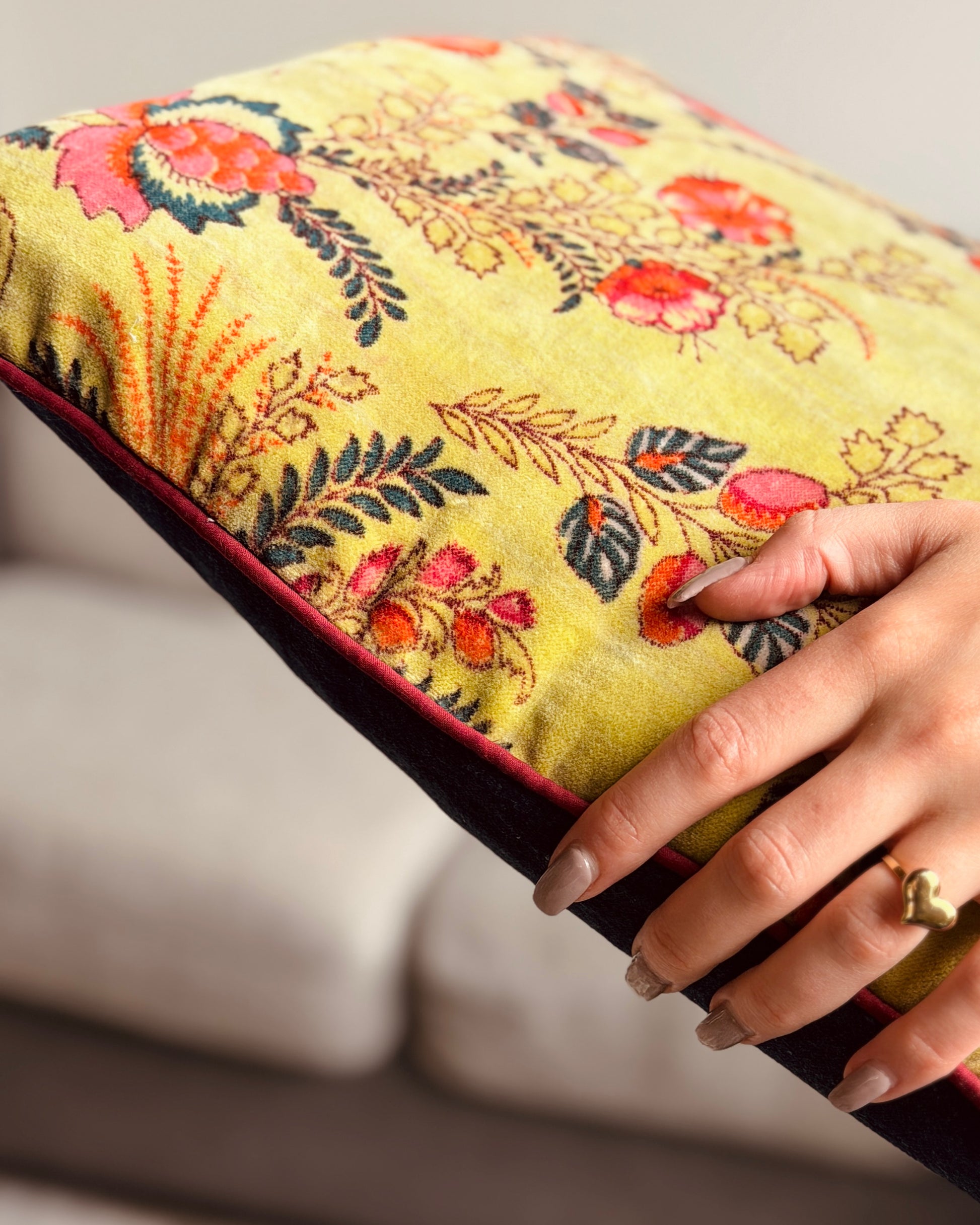 Set of 2 reversible velvet cushion covers 40x40cm (16x16 inches): chartreuse yellow lime botanical screen print front and solid cobalt blue back with burgundy piping.