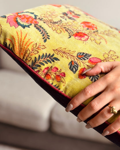 Set of 2 reversible velvet cushion covers 40x40cm (16x16 inches): chartreuse yellow lime botanical screen print front and solid cobalt blue back with burgundy piping.