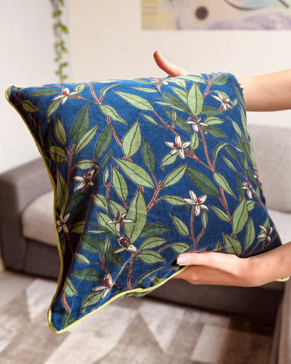 Set of 2 reversible velvet cushion covers 40x40cm (16x16 inches): teal blue botanical print front and forest green back with lime green piping.