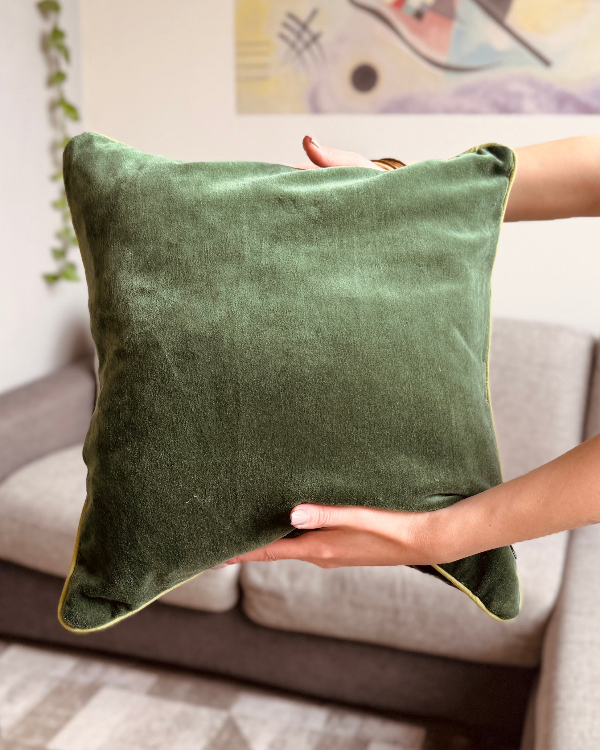 Set of 2 reversible velvet cushion covers 40x40cm (16x16 inches): teal blue botanical print front and forest green back with lime green piping.