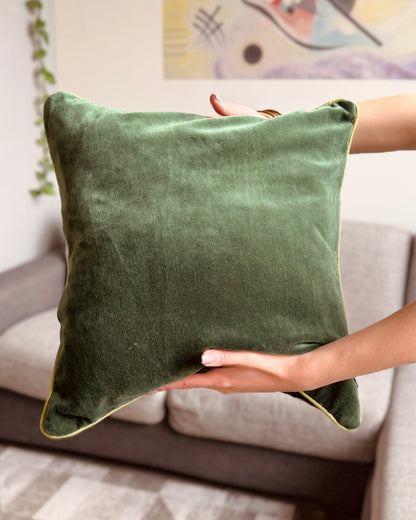 Set of 2 reversible velvet cushion covers 40x40cm (16x16 inches): teal blue botanical print front and forest green back with lime green piping.