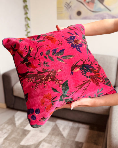 Set of 2 reversible velvet cushion covers 40x40cm (16x16 inches): fuchsia birds and floral screen print front and solid bright orange back with blue-purple piping.