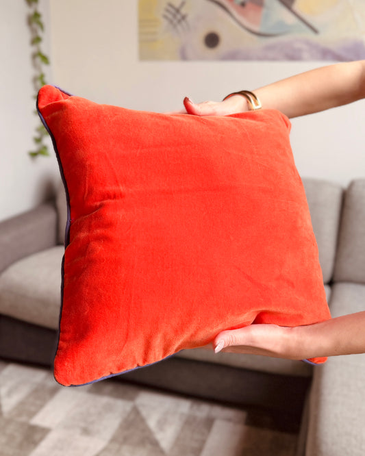 Set of 2 reversible velvet cushion covers 40x40cm (16x16 inches): fuchsia birds and floral screen print front and solid bright orange back with blue-purple piping.