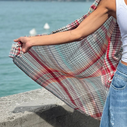 Sciarpa in cotone multicolore realizzata a mano, leggera sciarpa da viaggio a quadri, morbido scialle in cotone intrecciato, accessorio casual da indossare a strati, regalo per lei