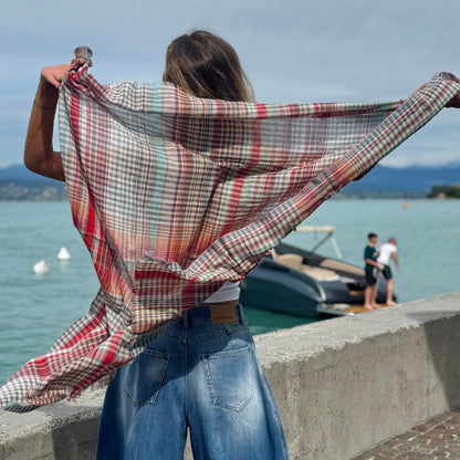 Sciarpa in cotone multicolore realizzata a mano, leggera sciarpa da viaggio a quadri, morbido scialle in cotone intrecciato, accessorio casual da indossare a strati, regalo per lei