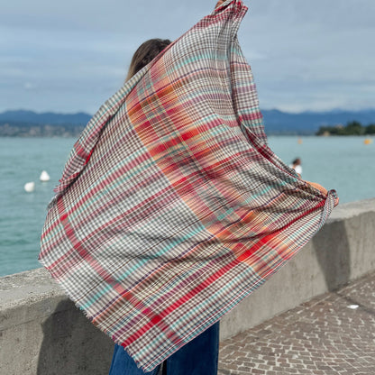 Sciarpa in cotone multicolore realizzata a mano, leggera sciarpa da viaggio a quadri, morbido scialle in cotone intrecciato, accessorio casual da indossare a strati, regalo per lei