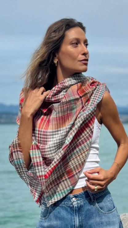 Sciarpa in cotone multicolore realizzata a mano, leggera sciarpa da viaggio a quadri, morbido scialle in cotone intrecciato, accessorio casual da indossare a strati, regalo per lei
