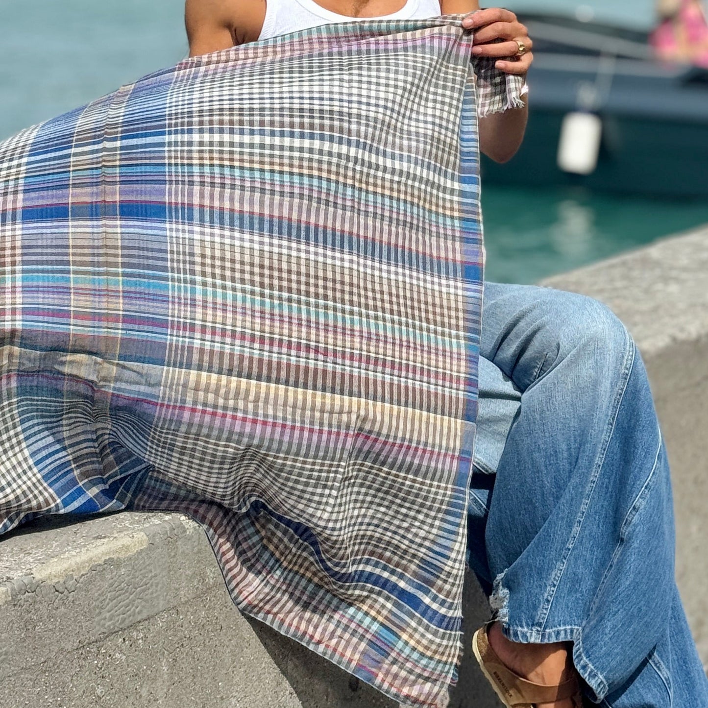 Soft Cotton Knit Check Scarf, Earth and Blue Check Travel Scarf, Lightweight Cotton Shawl for All Seasons, Gift Accessory