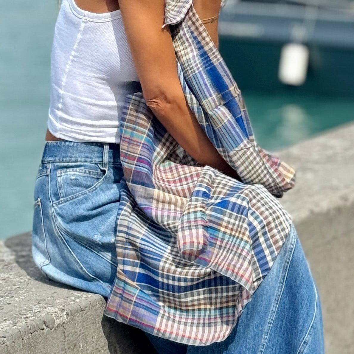 Soft Cotton Knit Check Scarf, Earth and Blue Check Travel Scarf, Lightweight Cotton Shawl for All Seasons, Gift Accessory