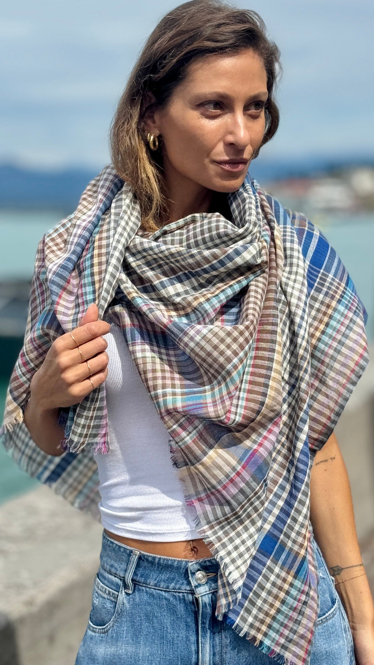 Soft Cotton Knit Check Scarf, Earth and Blue Check Travel Scarf, Lightweight Cotton Shawl for All Seasons, Gift Accessory