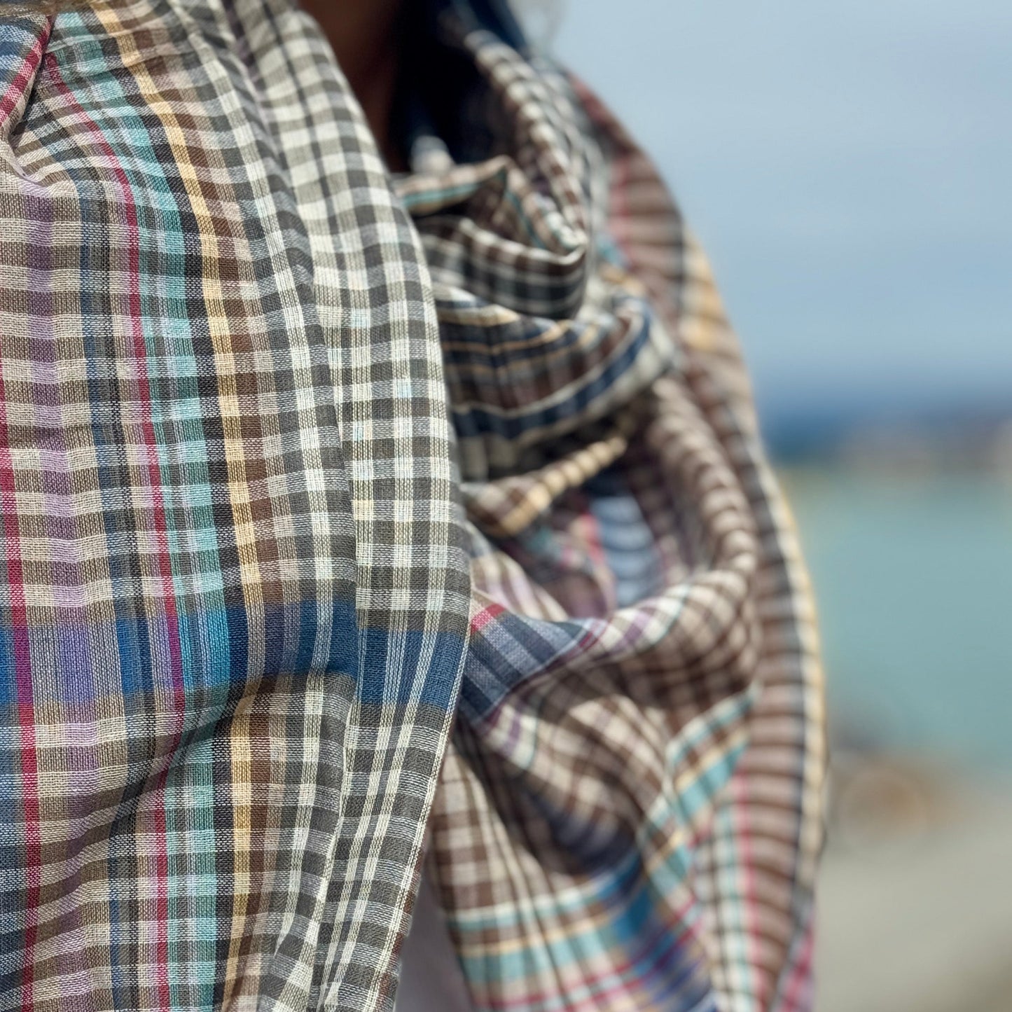 Soft Cotton Knit Check Scarf, Earth and Blue Check Travel Scarf, Lightweight Cotton Shawl for All Seasons, Gift Accessory