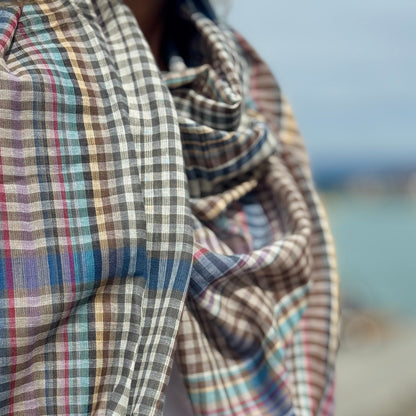 Soft Cotton Knit Check Scarf, Earth and Blue Check Travel Scarf, Lightweight Cotton Shawl for All Seasons, Gift Accessory