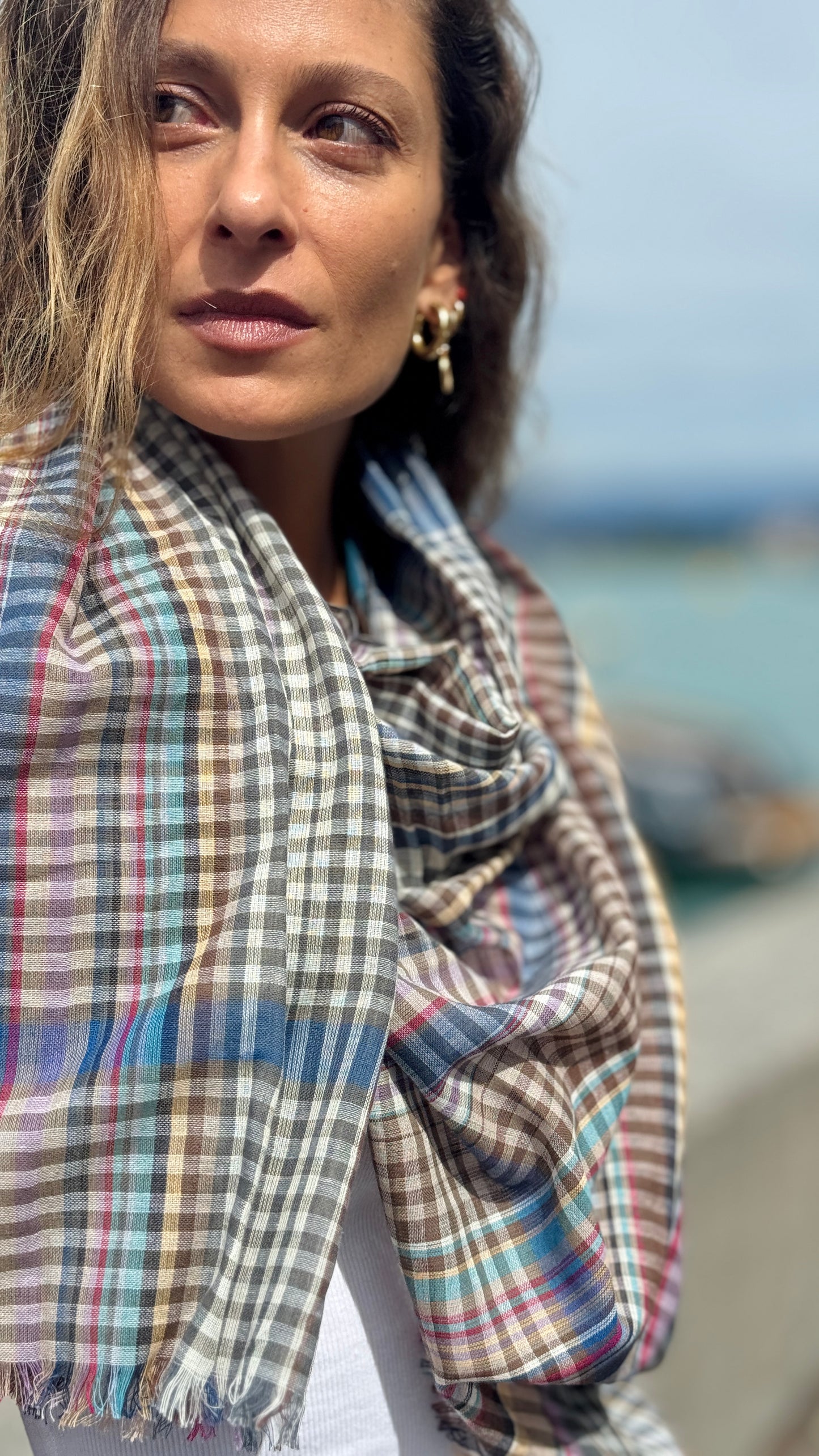 Soft Cotton Knit Check Scarf, Earth and Blue Check Travel Scarf, Lightweight Cotton Shawl for All Seasons, Gift Accessory