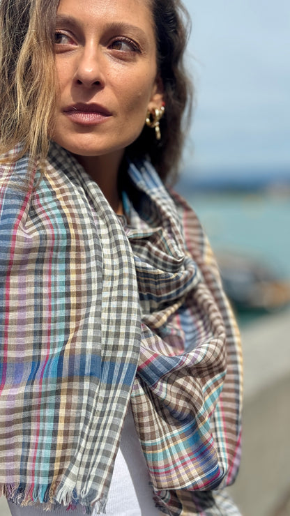 Soft Cotton Knit Check Scarf, Earth and Blue Check Travel Scarf, Lightweight Cotton Shawl for All Seasons, Gift Accessory