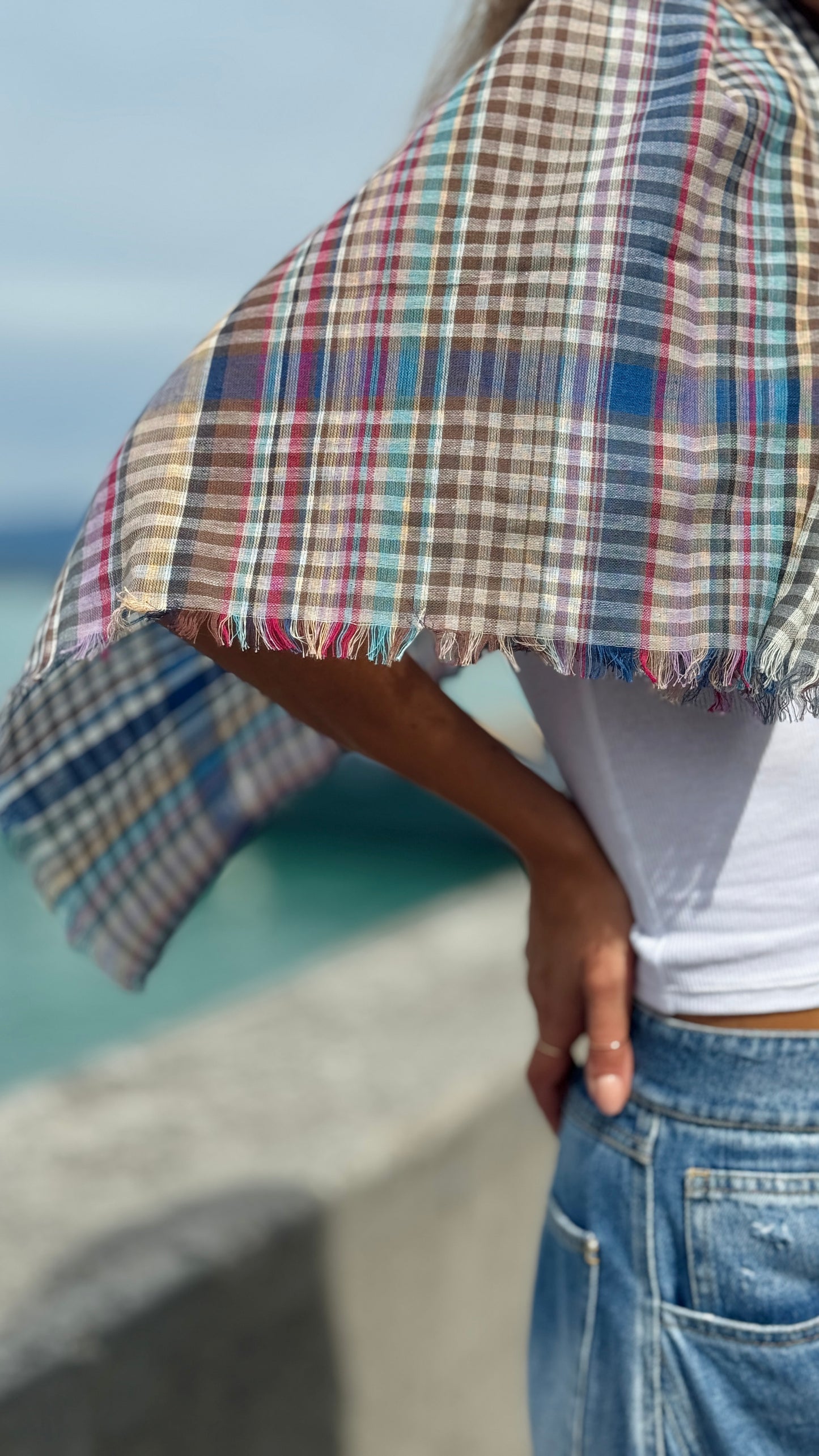 Soft Cotton Knit Check Scarf, Earth and Blue Check Travel Scarf, Lightweight Cotton Shawl for All Seasons, Gift Accessory