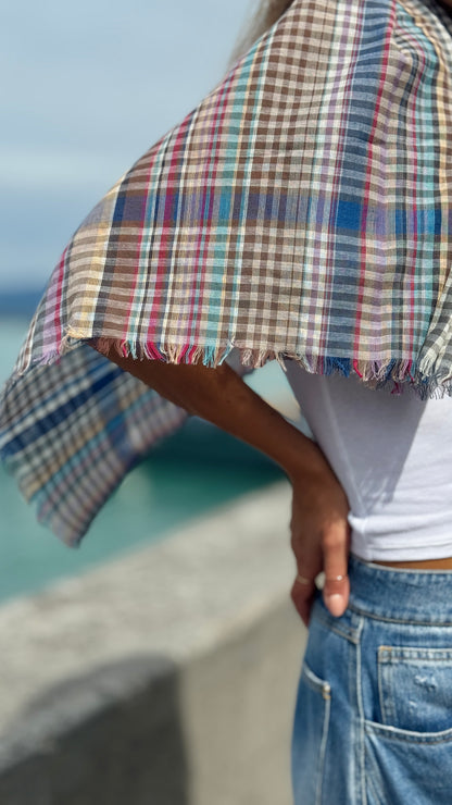 Soft Cotton Knit Check Scarf, Earth and Blue Check Travel Scarf, Lightweight Cotton Shawl for All Seasons, Gift Accessory