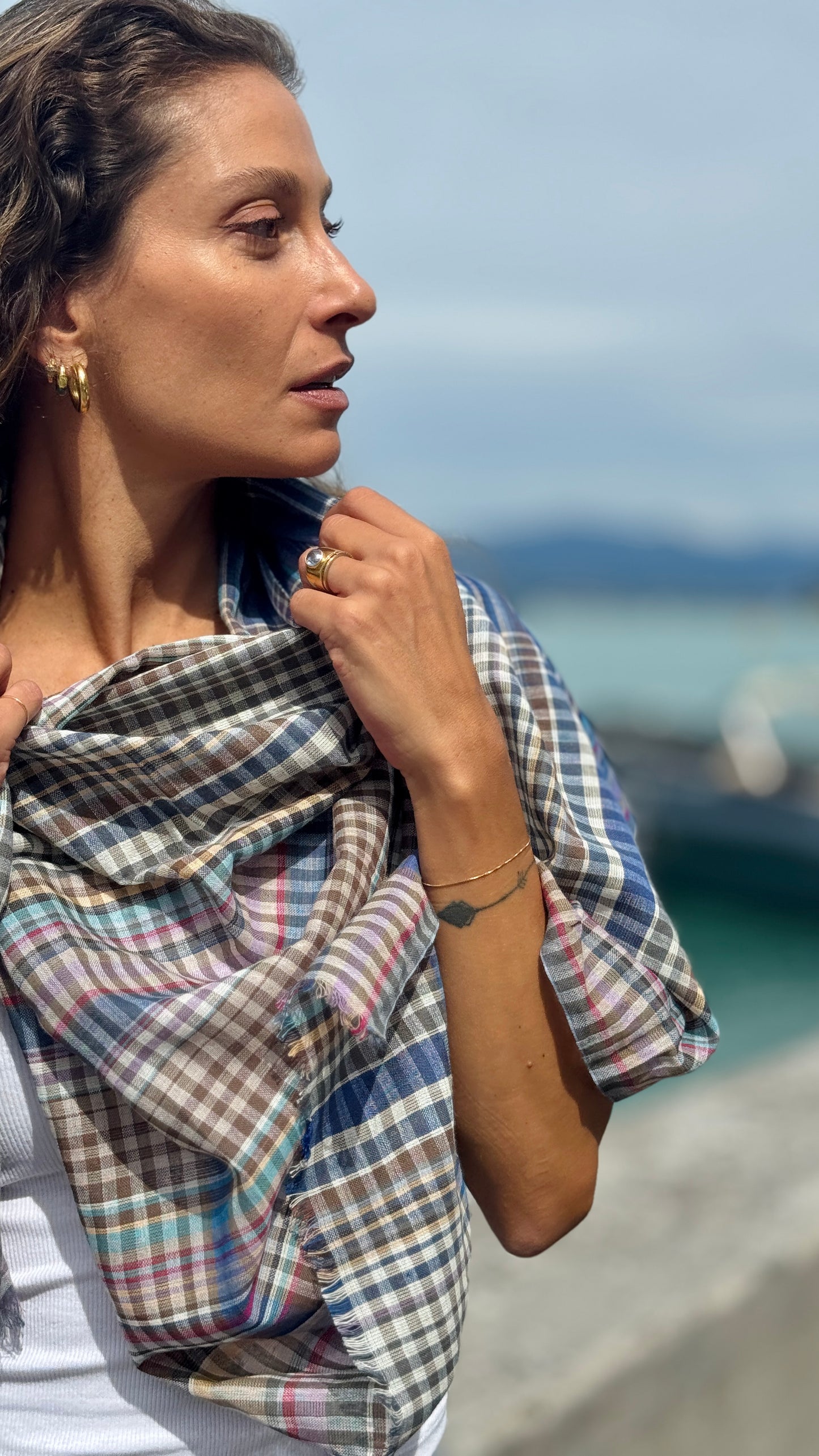 Soft Cotton Knit Check Scarf, Earth and Blue Check Travel Scarf, Lightweight Cotton Shawl for All Seasons, Gift Accessory