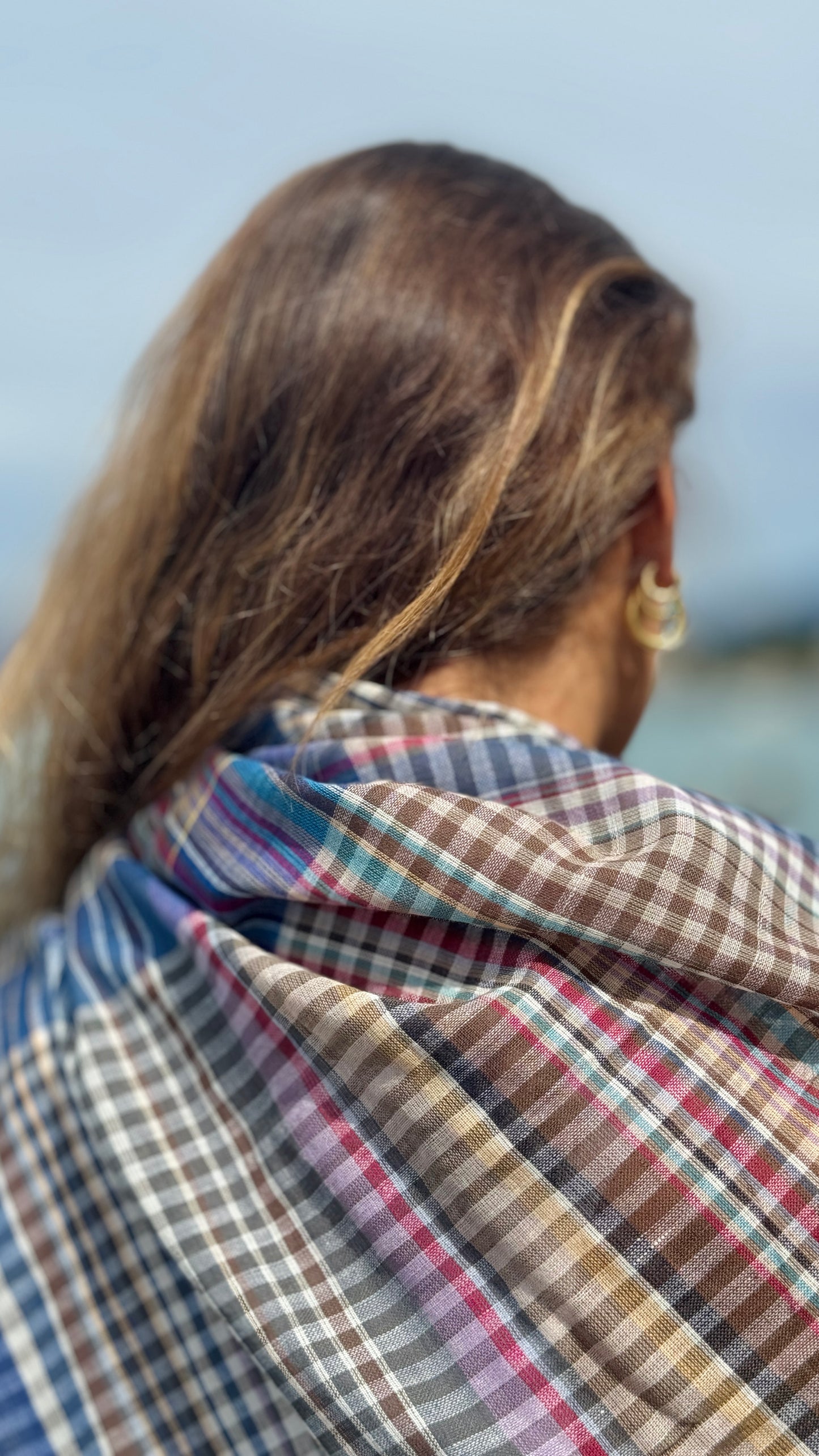 Soft Cotton Knit Check Scarf, Earth and Blue Check Travel Scarf, Lightweight Cotton Shawl for All Seasons, Gift Accessory