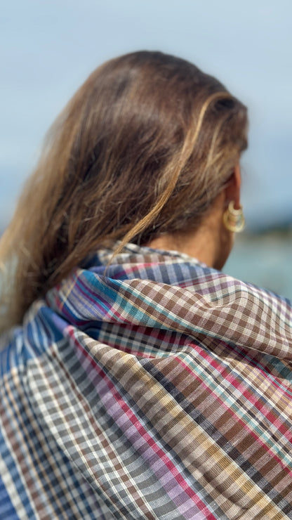 Soft Cotton Knit Check Scarf, Earth and Blue Check Travel Scarf, Lightweight Cotton Shawl for All Seasons, Gift Accessory