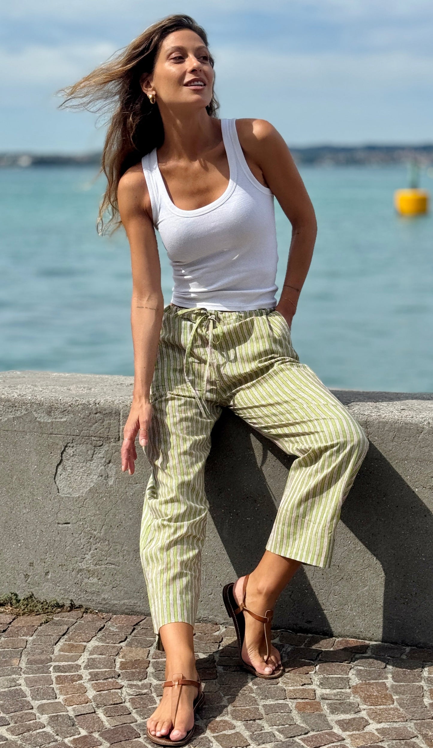 Green and white striped block print Indian cotton cigarette trousers, elegant and versatile