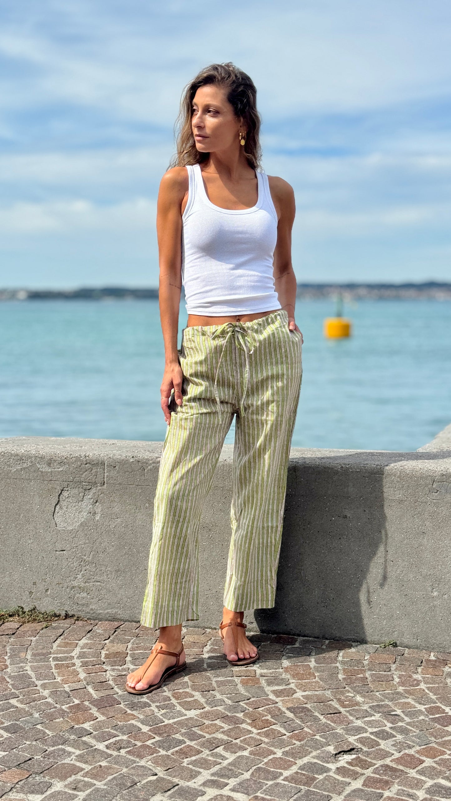 Green and white striped block print Indian cotton cigarette trousers, elegant and versatile