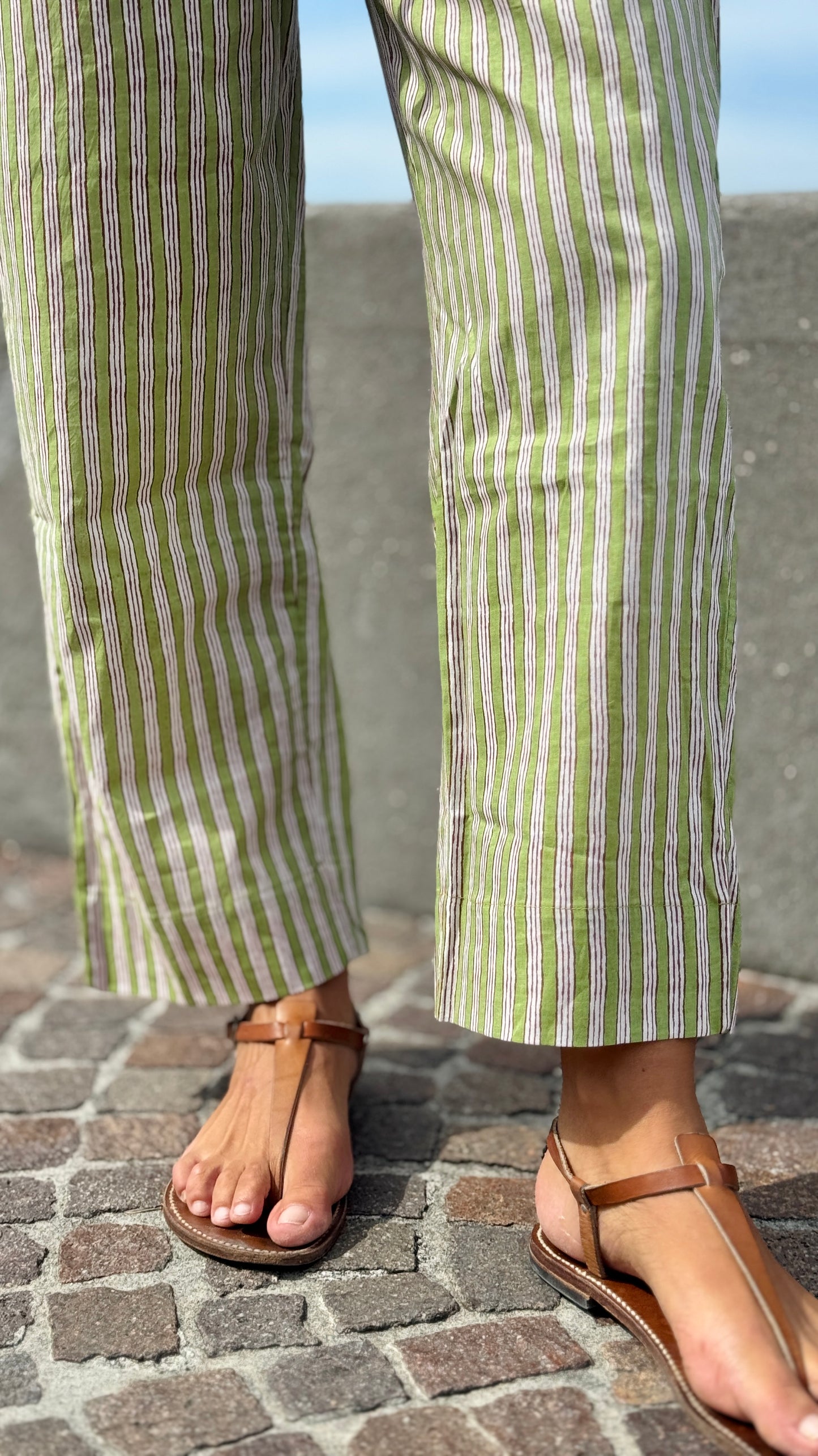 Green and white striped block print Indian cotton cigarette trousers, elegant and versatile