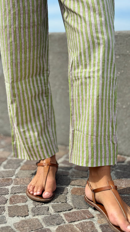 Green and white striped block print Indian cotton cigarette trousers, elegant and versatile