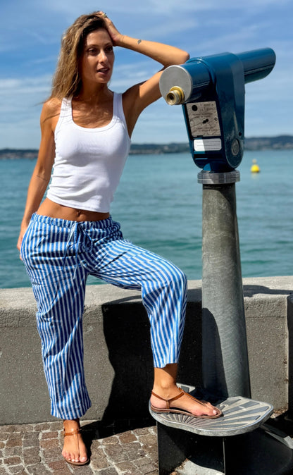Indian cotton capri pants with blue and white block print stripes, comfortable and elegant