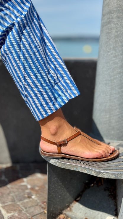 Indian cotton capri pants with blue and white block print stripes, comfortable and elegant