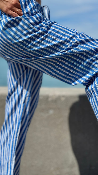Indian cotton capri pants with blue and white block print stripes, comfortable and elegant