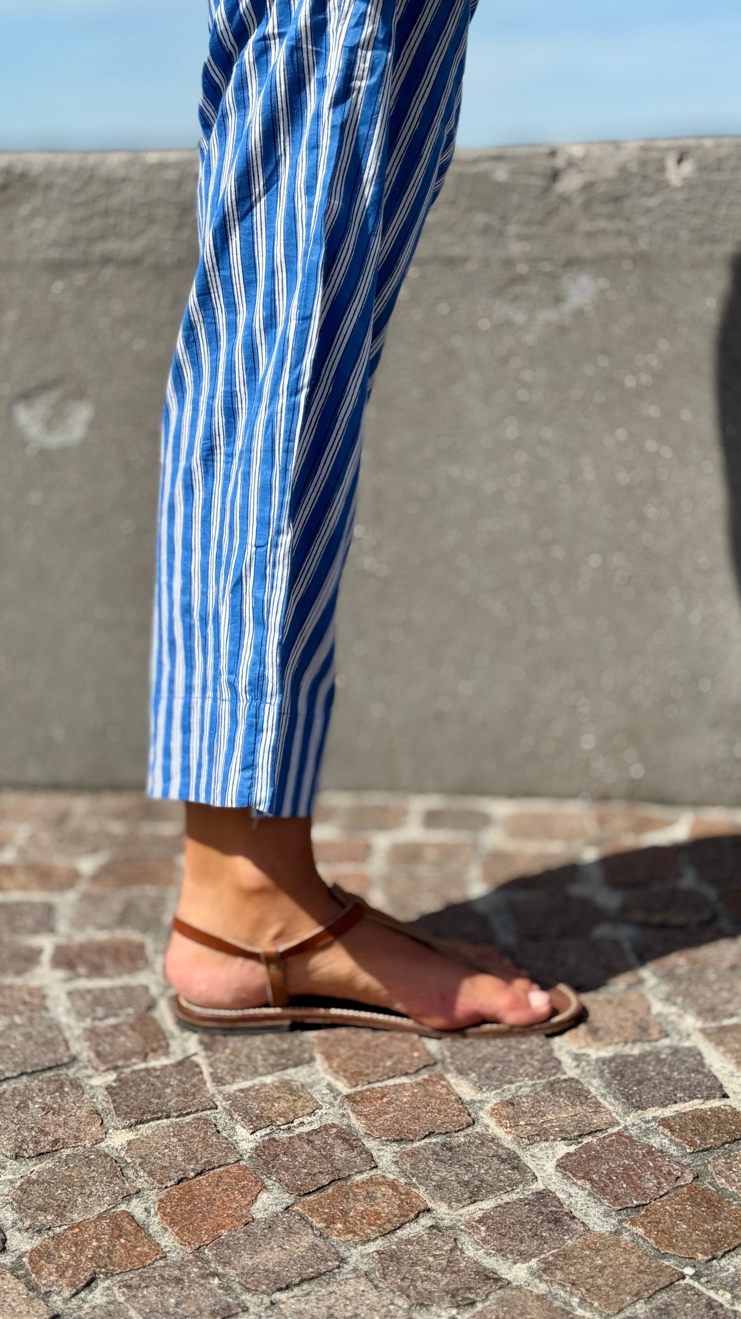 Indian cotton capri pants with blue and white block print stripes, comfortable and elegant