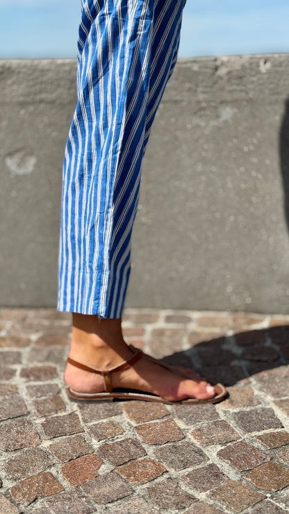 Indian cotton capri pants with blue and white block print stripes, comfortable and elegant
