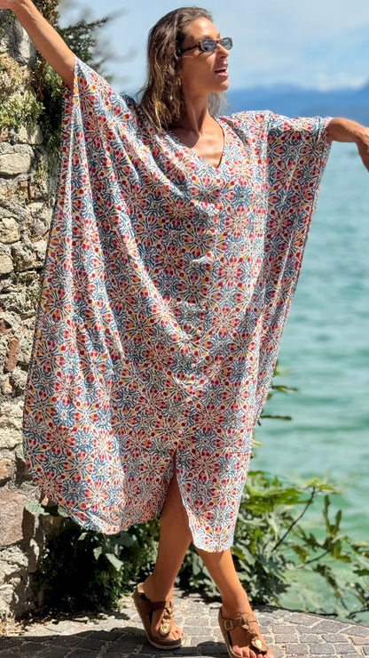 Caftano in Cotone Indiano Stampato a Mano, Block Print Floreale Rajasthan Multicolore