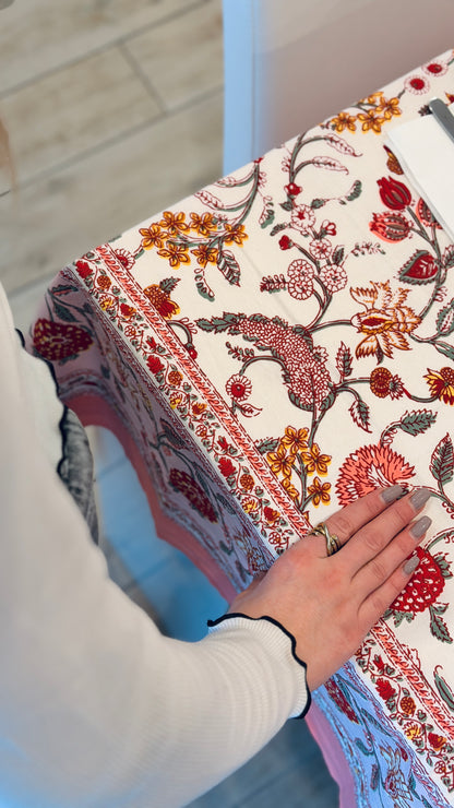 Hand-printed peach pink and coral block print cotton tablecloth 150x220cm (60x87 inches): romantic floral ramage pattern with solid peach border.