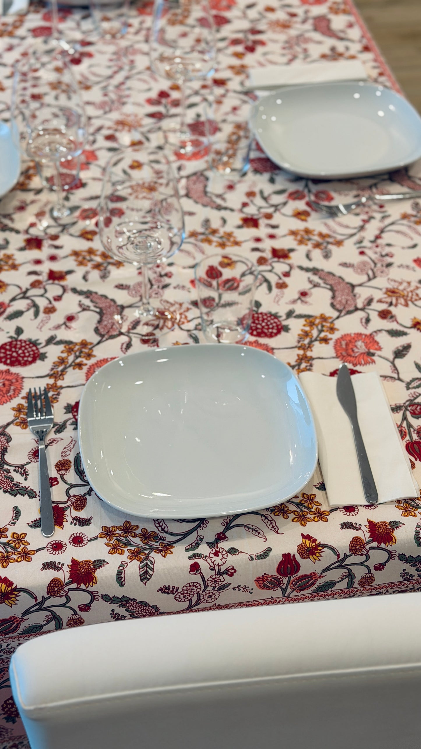 Hand-printed peach pink and coral block print cotton tablecloth 150x220cm (60x87 inches): romantic floral ramage pattern with solid peach border.
