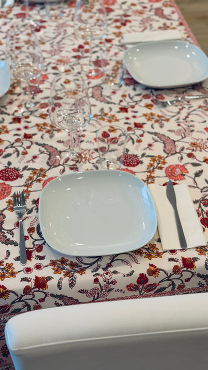 Hand-printed peach pink and coral block print cotton tablecloth 150x220cm (60x87 inches): romantic floral ramage pattern with solid peach border.