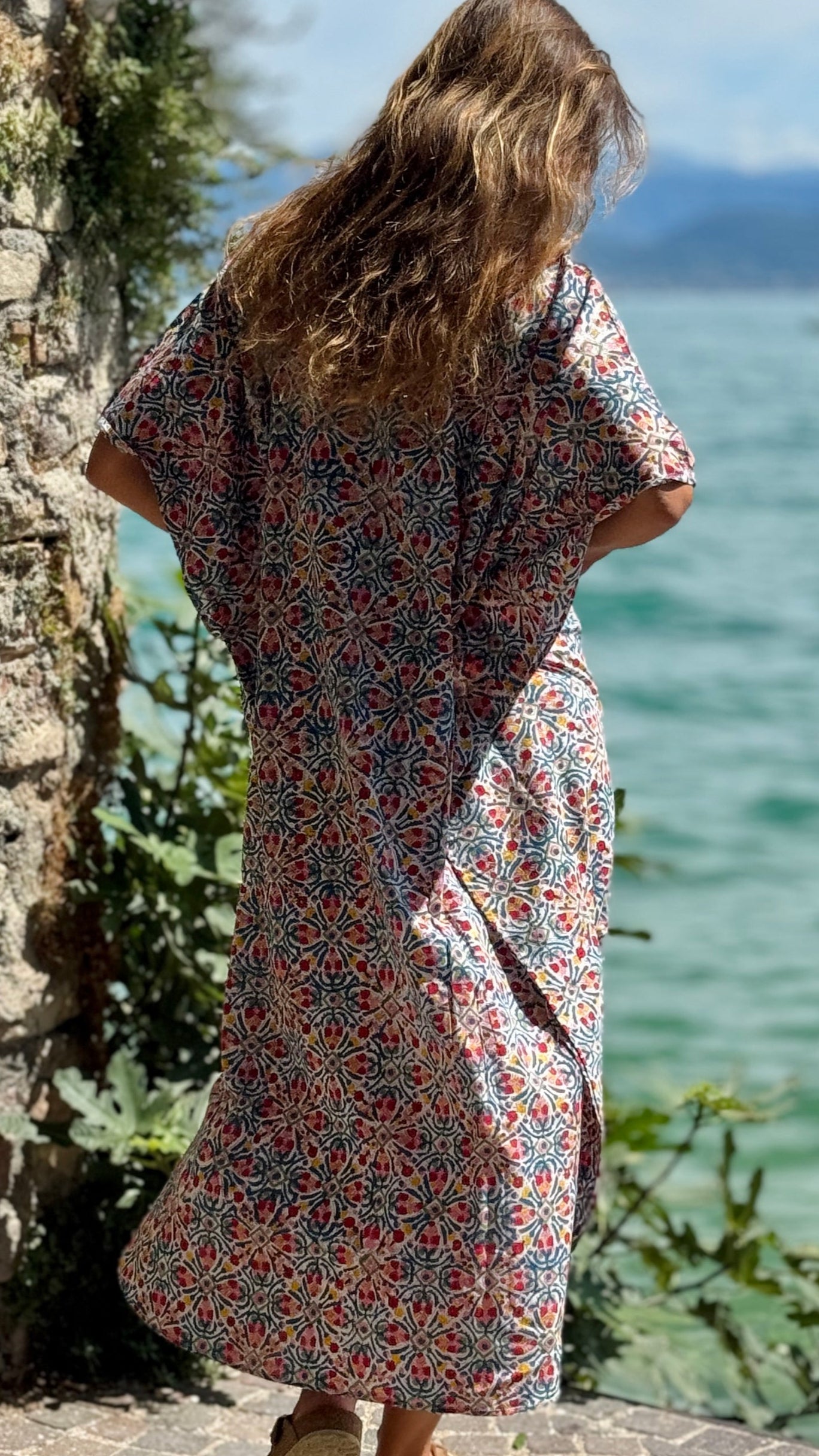 Caftano in Cotone Indiano Stampato a Mano, Block Print Floreale Rajasthan Multicolore