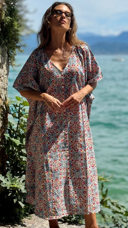 Caftano in Cotone Indiano Stampato a Mano, Block Print Floreale Rajasthan Multicolore